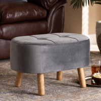 Baxton Studio JY19A222-Grey/Natural-Otto Simone Mid-Century Modern Grey Velvet Fabric Upholstered Wood Ottoman